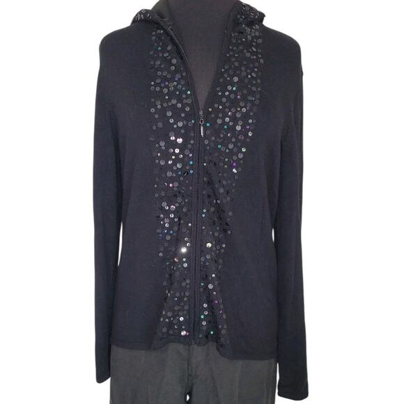 Chico’s Women’s Hoodie Sz 2 L Black Sequin Trim Zip Cardigan Jacket Flaw - Picture 2 of 9